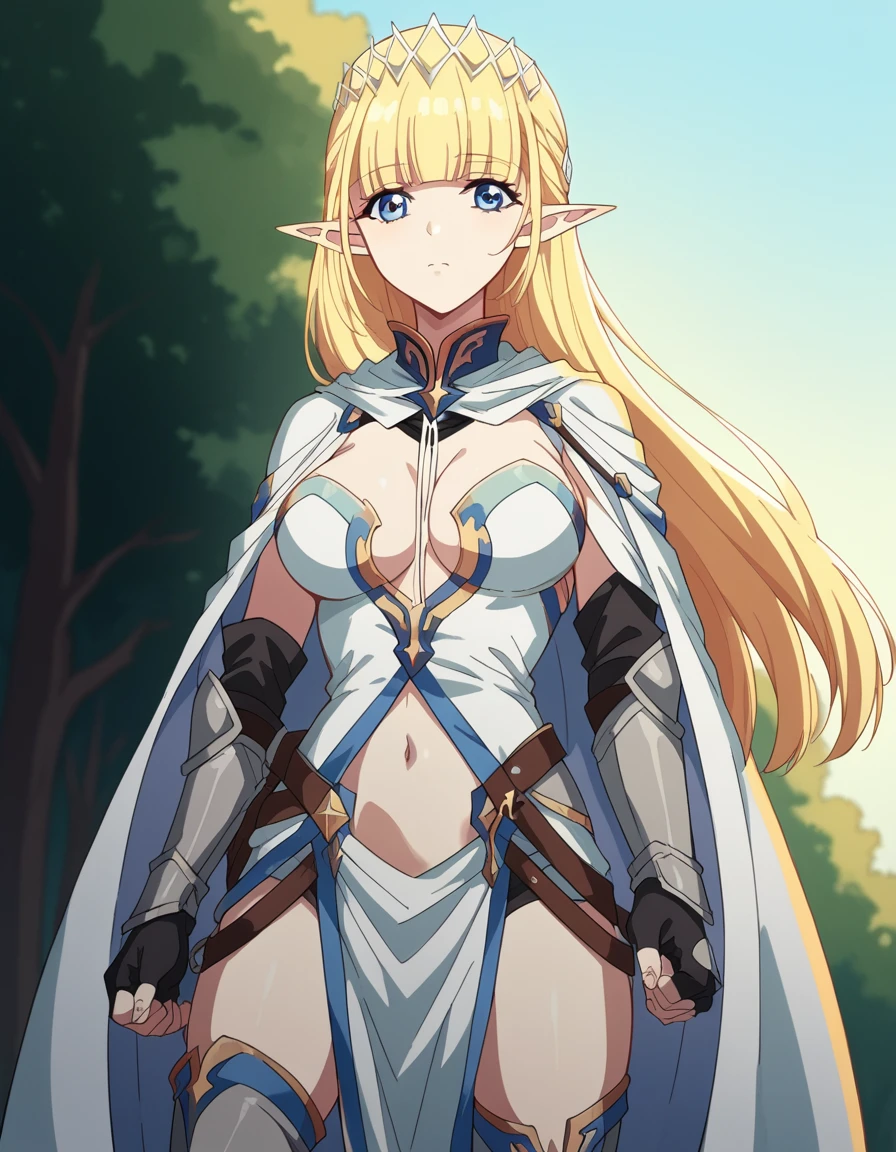adult elf woman, White skin, Long loose blonde hair, blue eyes, She wears an elegant white dress with a little cleavage but not too revealing, calm look and expression, good figure 