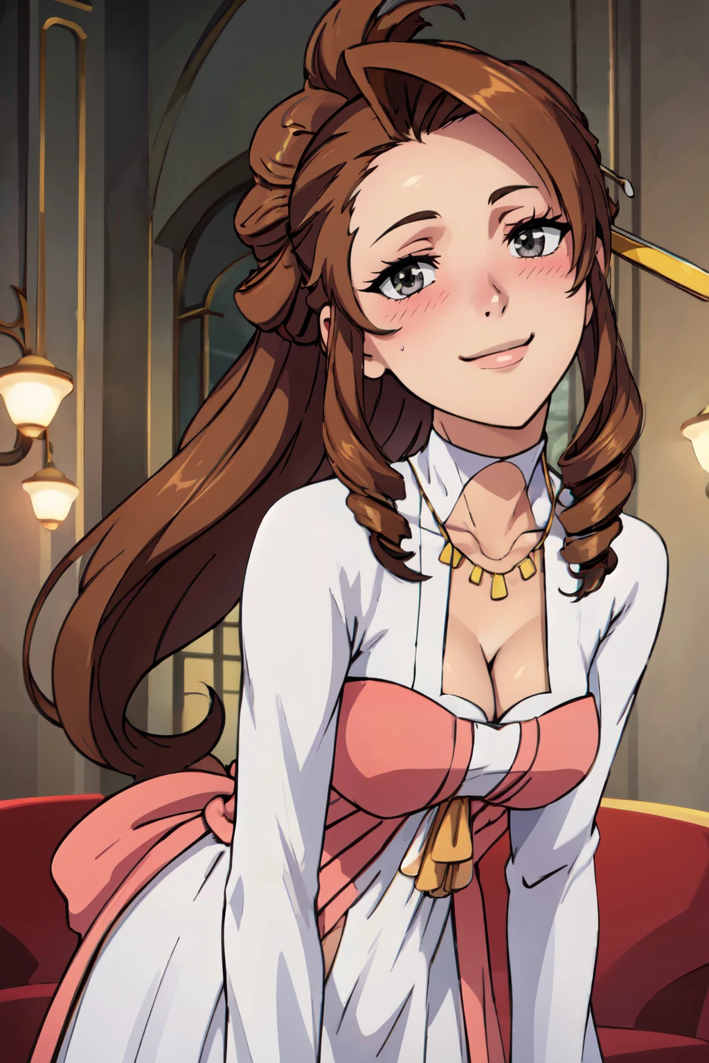 ((masterpiece,best quality)), absurdres,  BREAK, , <lora:Flora_Nanadan_Tenchi:0.8>,  flora, brown hair, drill hair, cleavage,  dress, hair ornament, jewelry, ponytail, necklace , BREAK, leaning forward, head tilt, blush, upper body,, BREAK, solo, smile, looking at viewer, cowboy shot,