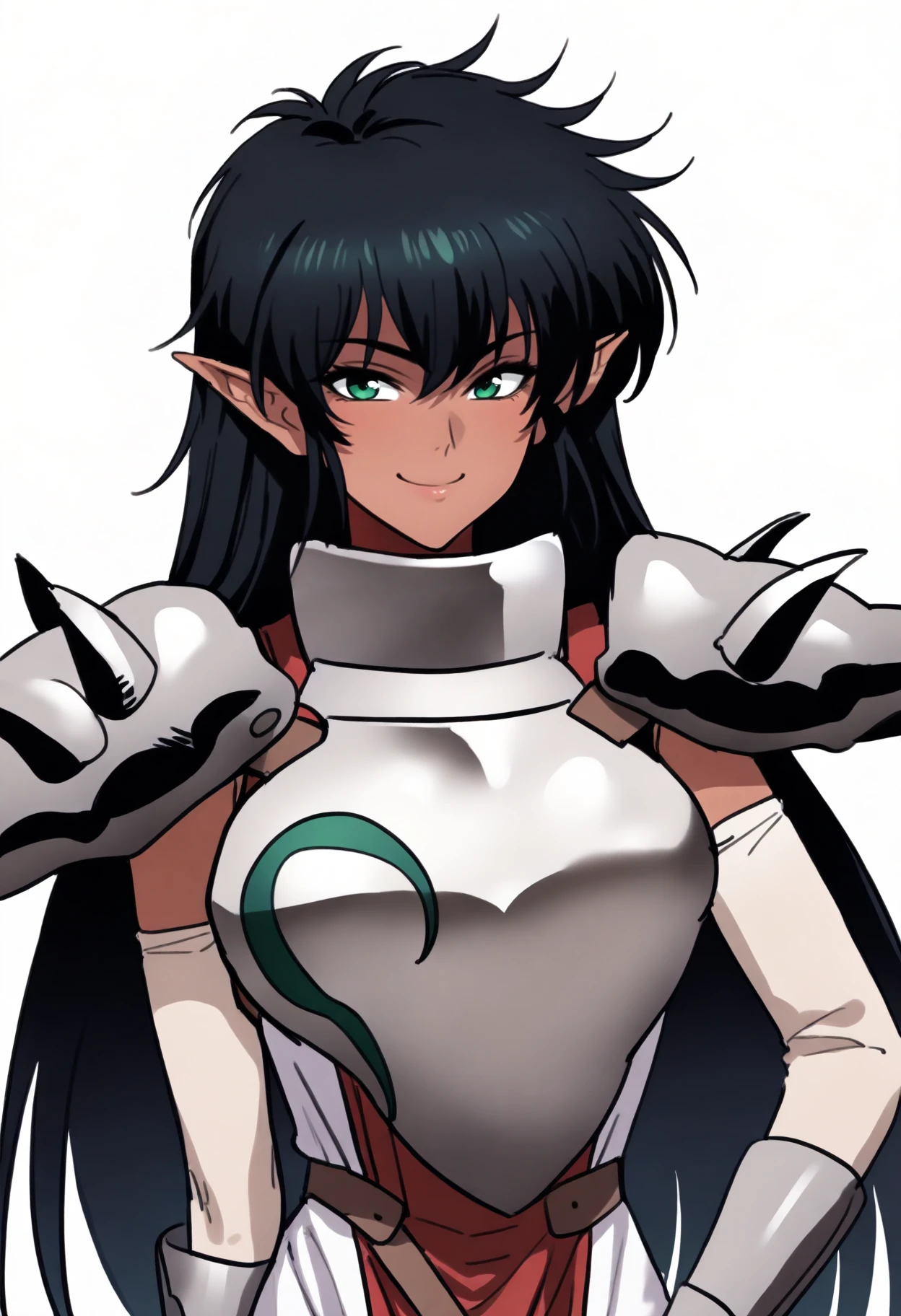 best quality, amazing quality, very aesthetic, absurdres,
1girl, arshesnei, black hair, long hair, green eyes, pointy ears, dark skin,
breastplate, shoulder armor, armor,
upper body, smile, looking at viewer, solo, simple background, white background <lora:ArshesNeiIllustriousXL_byKonan:1>