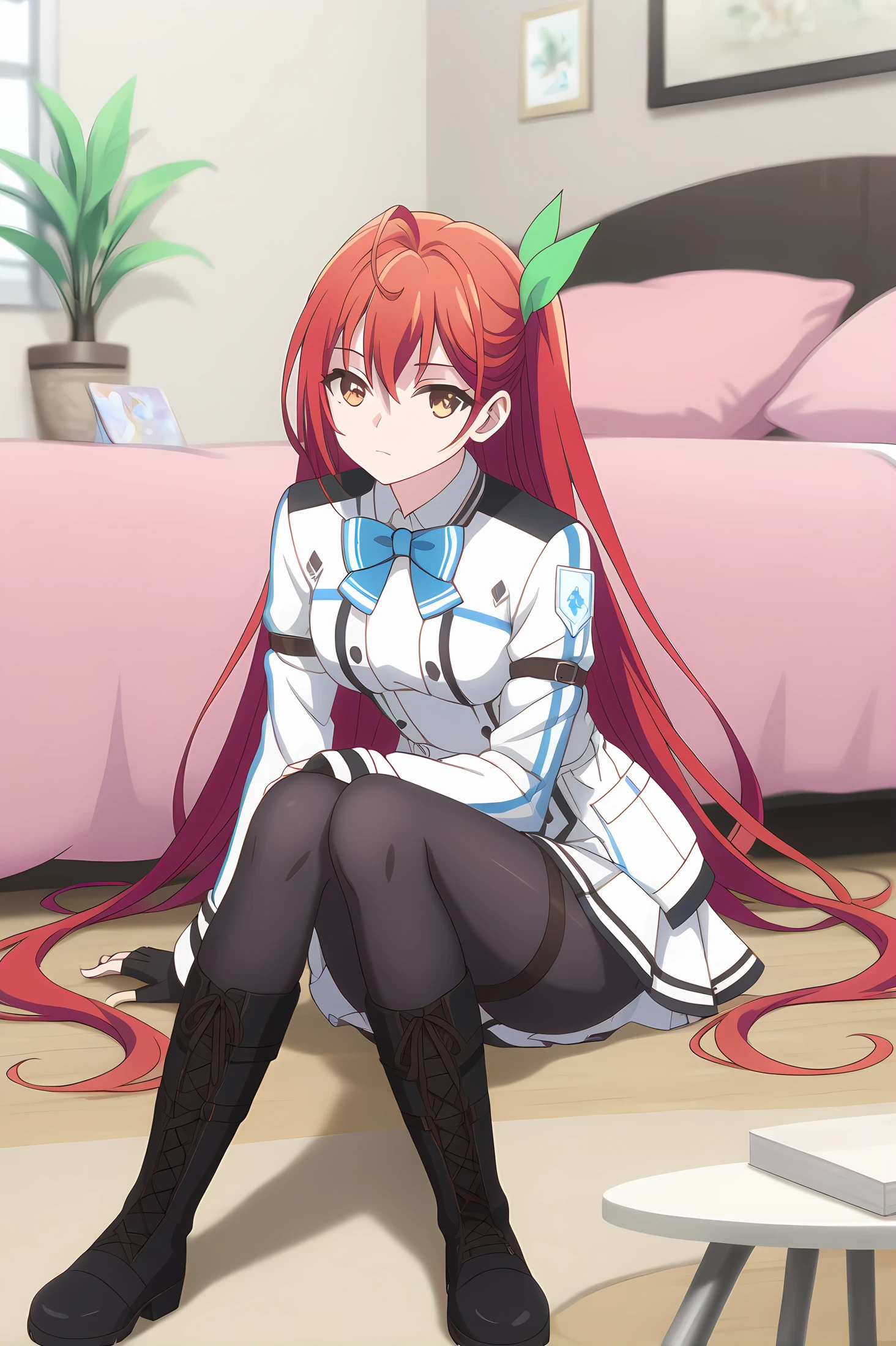 (white jacket white skirt black pantyhose black boots:1.20), gg-leoleshea, red hair, long hair, hair ribbon, medium breasts, 1girl, solo, (skinny, petite), score_9, score_8_up, score_8, score_7_up, score_7, score_6_up, score_6, score_5_up, score_5, source_anime, horny, bedroom, (1.3::full body|0.3::sitting|0.4::standing|0.4::lying|straight-on|0.6::close-up| :1.20), , <lora:gg-leoleshea-V01-000005:0.90>