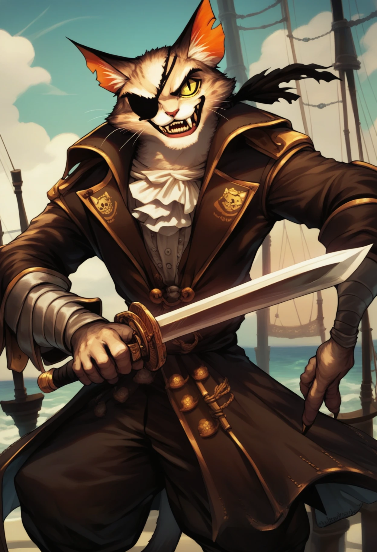 vwstyle, safe_pos, score_9, score_8_up, score_7_up, solo, 1boy, pirate captain, cat, solo, anthro, evil, fangs, eyepatch, holding, sword, aiming at viewer, pirate ship