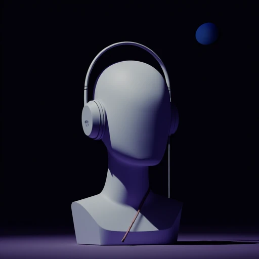 minimalistic. surreal, uncanny, atmospheric, artwork, depicting a faceless statue of a head to bust, wearing headphones, floating in space, a jagged line, consisting of the three colors: purple, lavender and blue striking through one side and out the other, blurry features, indistinguishable, darkness surrounding, planet far in the distance drifting