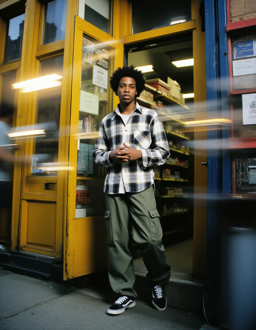 <lora:CornerBodega-000022:1> Magazine photography captured through a fish-eye, eye level shot  of a distinctive,  (blurred streaks of light move across the camera's field of view:1.3). The camera focuses on a well-groomed African American teenage in an oversized flannel shirt with and scrunchy, cargo pants with many pockets and low-top black and white Nikes stands standing in the doorway of yellow 90s Corner Bodega in Brooklyn, New York. (MIDNI:1.5) Motion blur and light streams of phones are captured as people walk past the front of the store in the photograph aidmaMJ6.1 .  <lora:aidmaMJ6.1:0.8> <lora:MidNi:1.5>