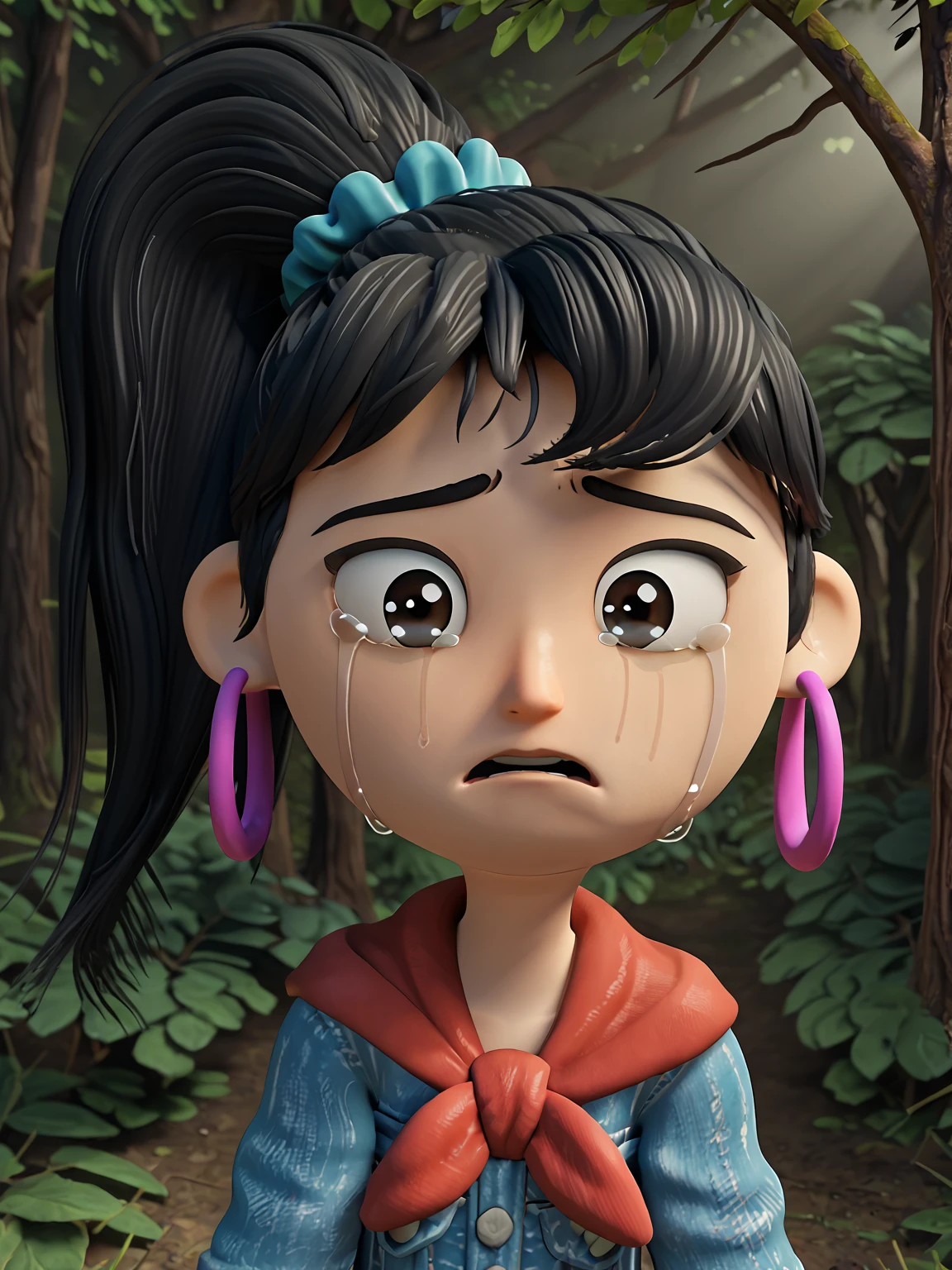 looking at viewer, 1girl, solo, <lora:Ellie (Sprite Fright):0.9> elliesf, crying, black hair, ponytail, earrings
score_7_up, source_3d, 3d, forest