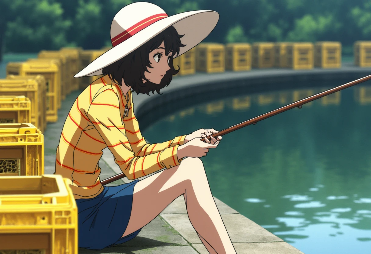 Anime style, sharp, high contrast and highly detailed. Ghibli anime style. Perfect anatomy. Perfect body ratio. No oversized head. No blurry, out of focus pictures. No simple background, no single color background.
She is sitting near a body of water, seemingly engaged in fishing. She is wearing a wide-brimmed white hat, likely to protect her from the sun, and a yellow long-sleeved shirt with thin red and orange horizontal stripes. The top is similar to the casual outfit in the previous description, adding a laid-back vibe perfect for outdoor activities like fishing. She is also wearing a knee-length blue skirt that complements the top, maintaining a casual but neat appearance. The character's expression suggests she is focused on or in the middle of a conversation, with her fishing pole resting in front of her. The background shows a series of yellow crates used as seating or storage, enhancing the outdoor, recreational setting near the water.
 <lora:Persona5_sadayo_kawakami_flux_1_2-000009:1>