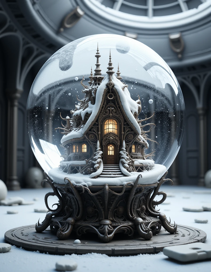 g1g3r  by giger , a snow sphere, made of glass, on a table,  with an house inside
<lora:Giger_2_0:0.7>