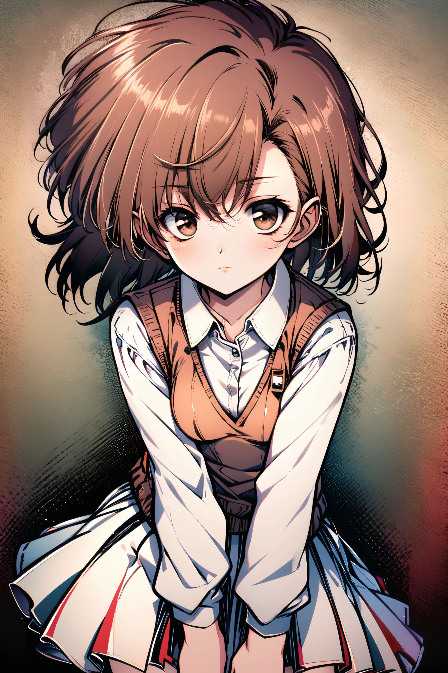 1girl,solo,skirt,looking at viewer,brown hair,shirt,brown eyes,white shirt,misaka mikoto,long sleeves,collared shirt,breasts,sweater vest,closed mouth,small breasts,vest,
<lora:Old Fashioned Celluloid_XL:1>,