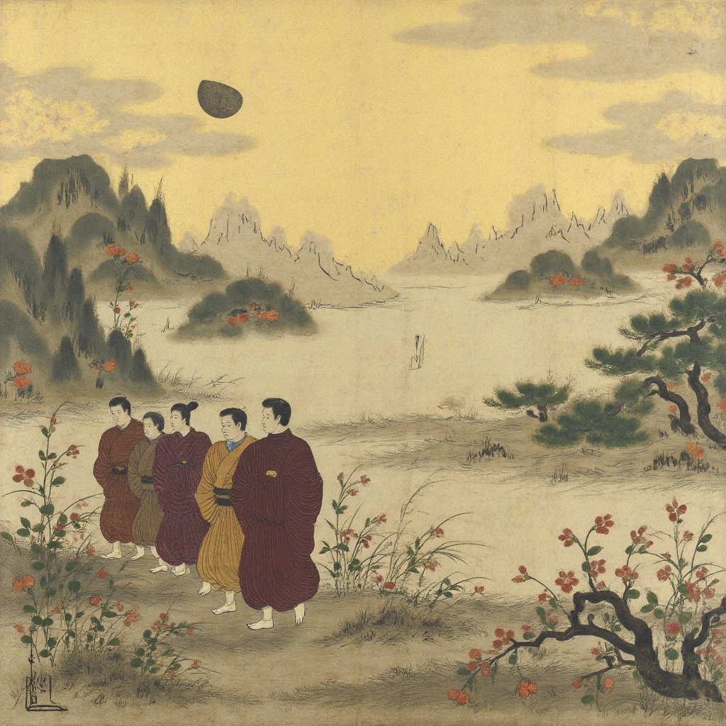 yamatostyle art. A procession of monks walking silently through a misty valley at dawn, with prayer flags fluttering in the wind