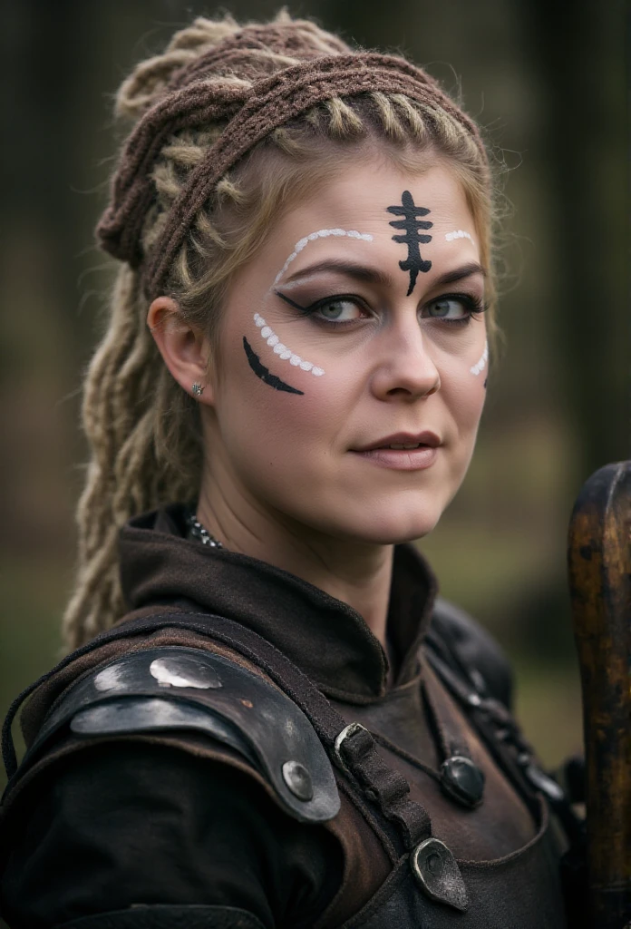 Mieze Musch-Musch is a woman viking warrior with face paint. She wears a leather light armor with straps and fur.closeup face protrait  <lora:Mieze_Musch-Musch:0.9>