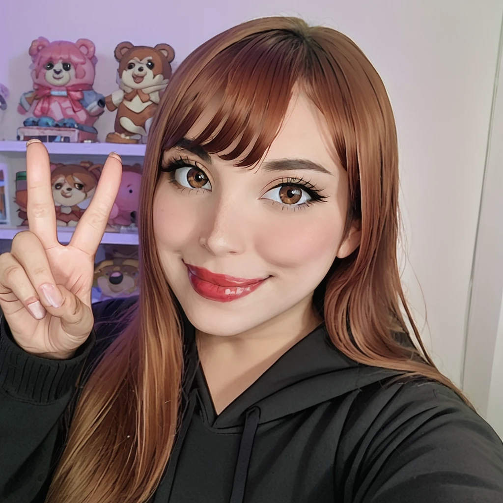 <lora:Pony_Missy_Le:1>,m1ssyl3fg, 1girl, solo, brown hair, brown eyes, smile, looking at viewer, long hair, v, upper body, bangs, long sleeves, closed mouth, lips, black hoodie, red lips