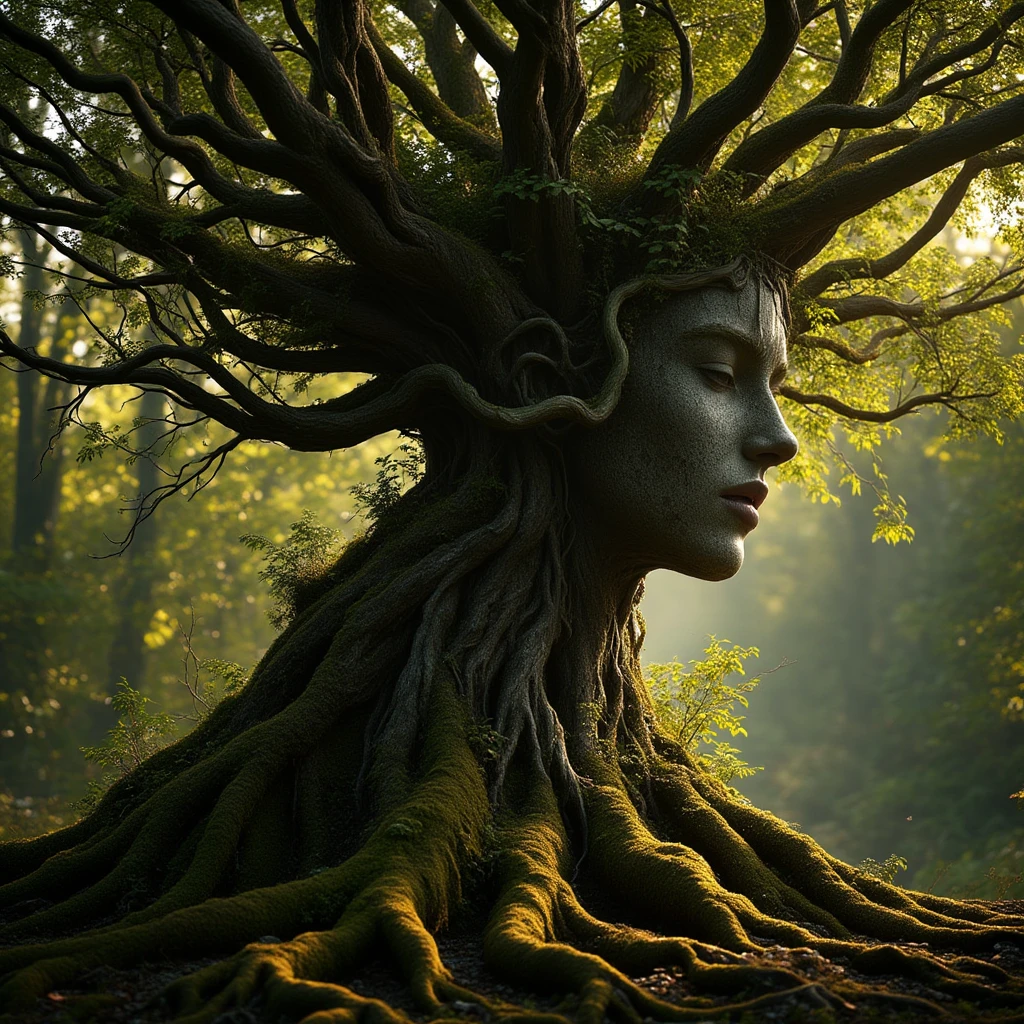 a cinematic masterpiece of a tree  with the form of a a naked woman in branches and bark, with moss covering her chests and moss creating her hair on the bark, lighting in the form of God rays on the trunk of the tree, soft colors of gold and white bathe the tree, the scene colors are hues of green, black, brown, yellow and red, 8k, ultra realistic detail