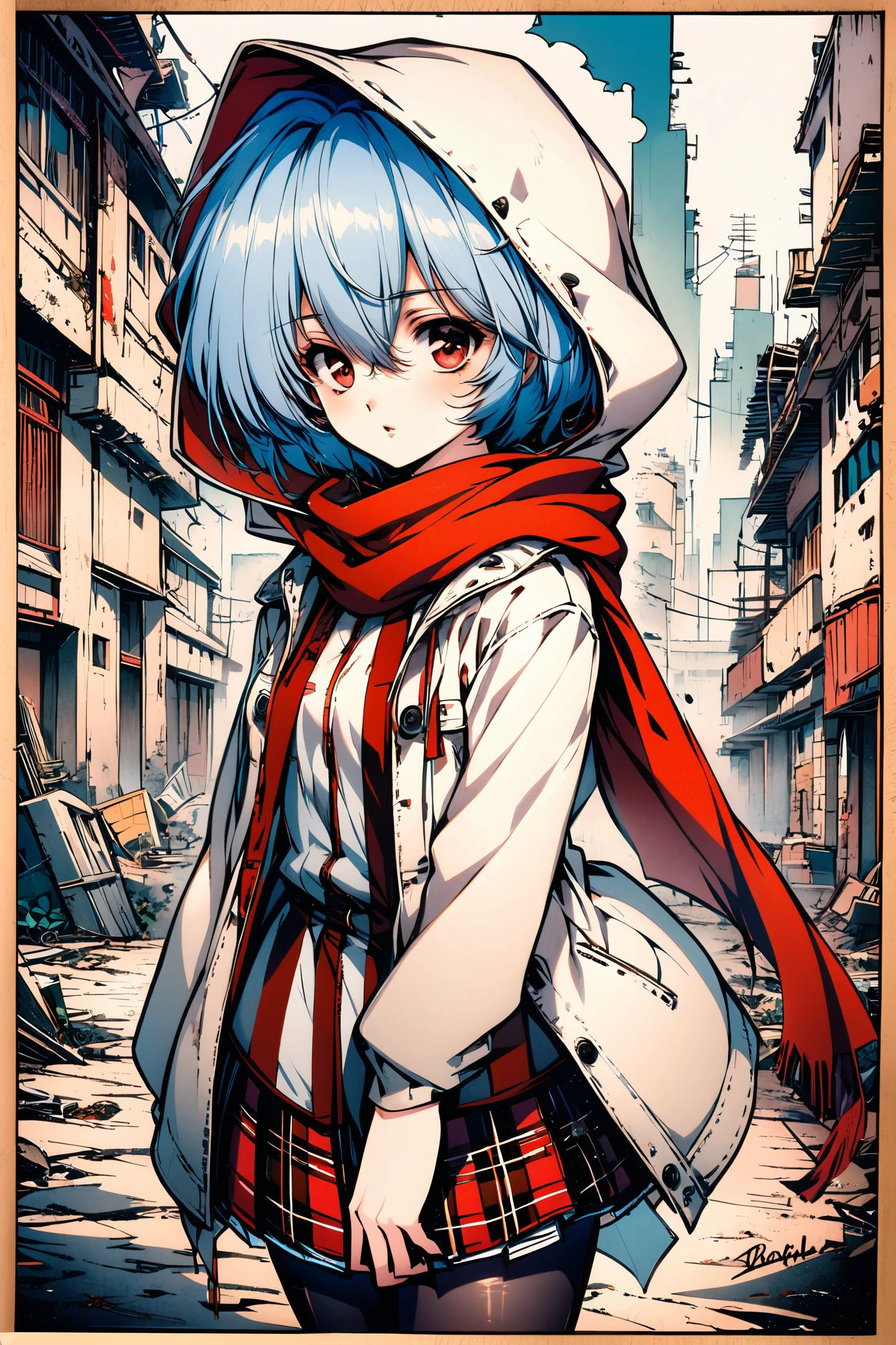 1girl,solo,ayanami rei,ruins,blue hair,coat,red eyes,skirt,plaid,hood,short hair,pantyhose,standing,plaid skirt,hood up,white coat,outdoors,building,looking at viewer,signature,long sleeves,scarf,hair between eyes,hooded coat,bangs,city,open coat,parted lips,traditional media,
<lora:Old Fashioned Celluloid_XL:1>,