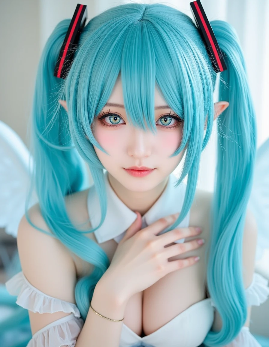 ggasia11k cosplay concept, Cinematic photography of a realistic woman cosplaying as Hatsune Miku, featuring stunning aqua blue long hair cascading around her shoulders, adorned with iconic twin tails and delicate hair accessories. Her eyes, a vivid shade of emerald green, sparkle with a blend of enthusiasm and playfulness, capturing the essence of the beloved character. The close-up shot focuses on her facial features, highlighting the subtle makeup that enhances her youthful appearance, including a soft blush and glossy lips that mirror the character's aesthetic.
In this dynamic portrait, the woman poses gracefully, her head tilted slightly to the side, embodying a whimsical motion that creates a sense of liveliness in the image. The angle of the shot emphasizes the smooth contours of her face while the angelic pose suggests serenity and charm, almost as if she is about to break into song. <lora:cosplay_flux_V1:0.8>