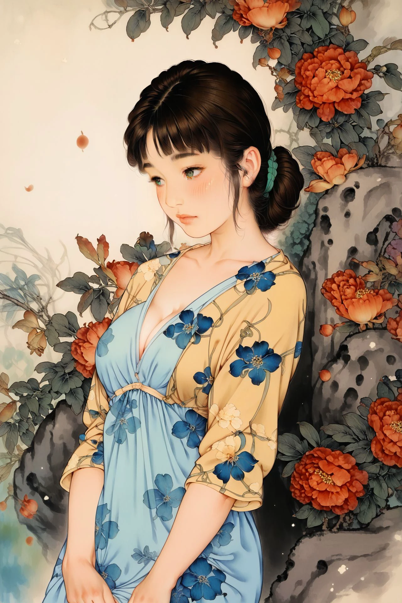 score_7_up, 1girl, solo, blush, looking away, jade eyes, bangs, dark_brown hair, medium breasts, floral_background,  <lora:gongbi_PonyXL_style_v01.10.10.02:1>