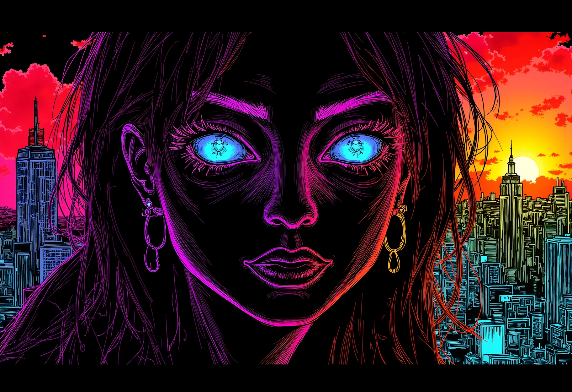 neon line art, drawing, black background,molly millions, closeup portrait of a young beautiful cyberpunk woman, mirror eye implants, black hair in a rough shag, sunset, neuromancer, street samurai, cyberpunk city background, megacity, gorgeous view, depth, painted by seb mckinnon, high detail, digital art, painted by greg rutkowski, trending on artstation