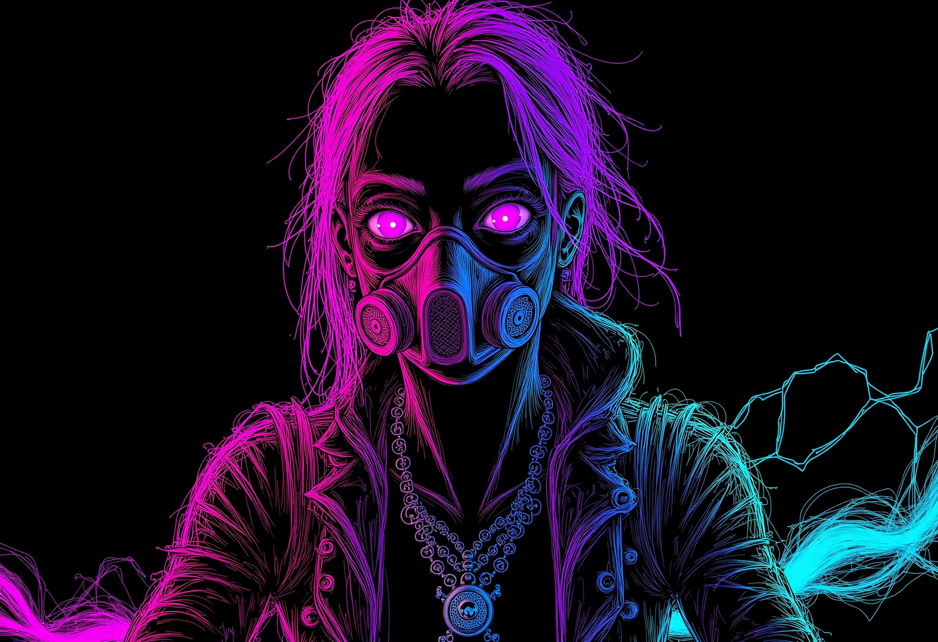 neon line art, drawing, black background,kyoto animation girl wearing cyberpunk intricate streetwear riding dirt bike, respirator, detailed portrait, cell shaded, 4 k, concept art, by wlop, ilya kuvshinov, artgerm, krenz cushart, greg rutkowski, pixiv. cinematic dramatic atmosphere, sharp focus, volumetric lighting, cinematic lighting, studio quality