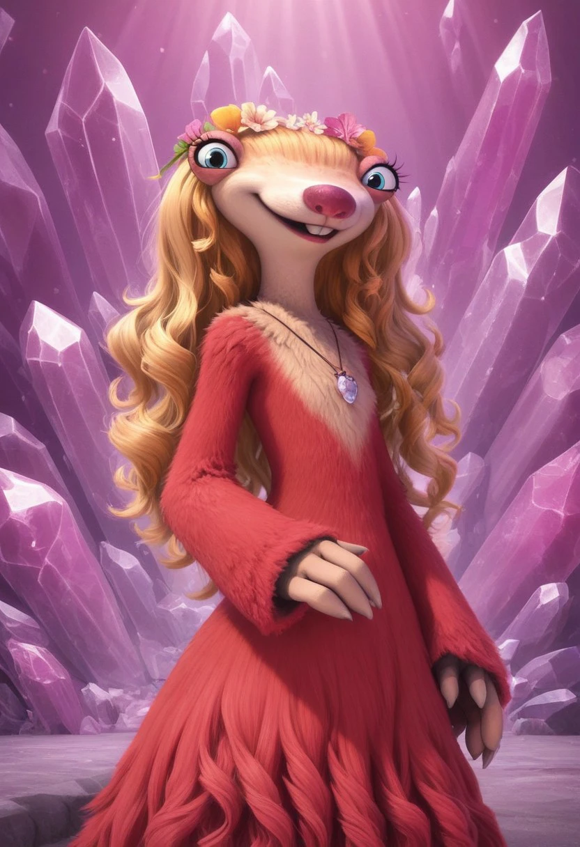 furry, anthro, female sloth, ground sloth, blue eyes, blonde hair, long wavy hair, red fur, red fur dress, blonde fur on upper body, two-toned fur, pink nose, buckteeth, hair ornament, white claws, no ear, score_9, score_8_up, score_7_up, BREAK, 1girl, solo, looking at viewer, cute, smiling, smug, from behind, looking back, female focus, looking at viewer, pink crystal background, detailed background, 4k, masterpiece, best quality, highly detailed, realistic, cowboy shot, fluffy fur, body fur tuft, more fur, fluffy fur, detailed fur