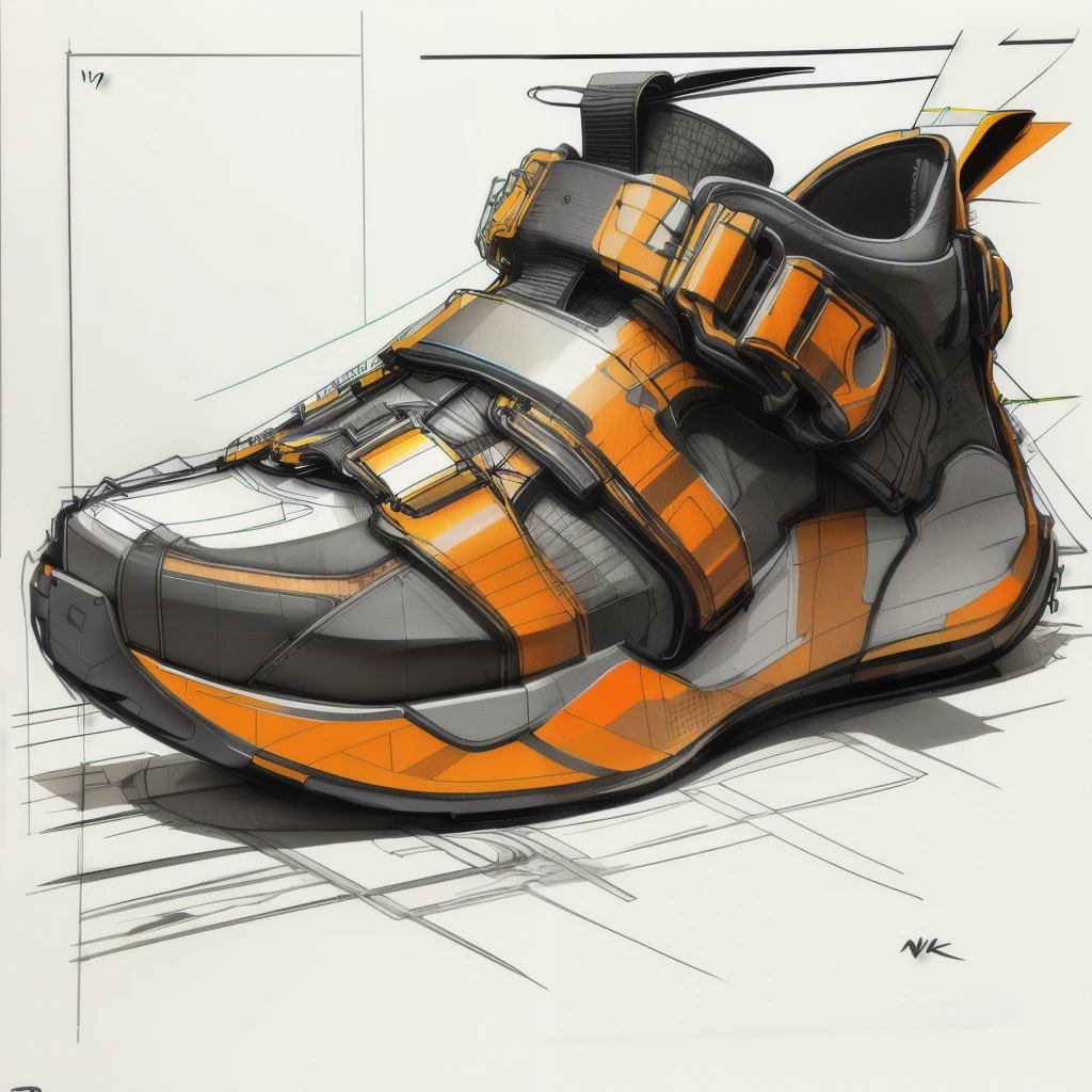 nvinkpunk, Industrial design sketch of a shoe, dynamic lines, rough, copic marker rendering