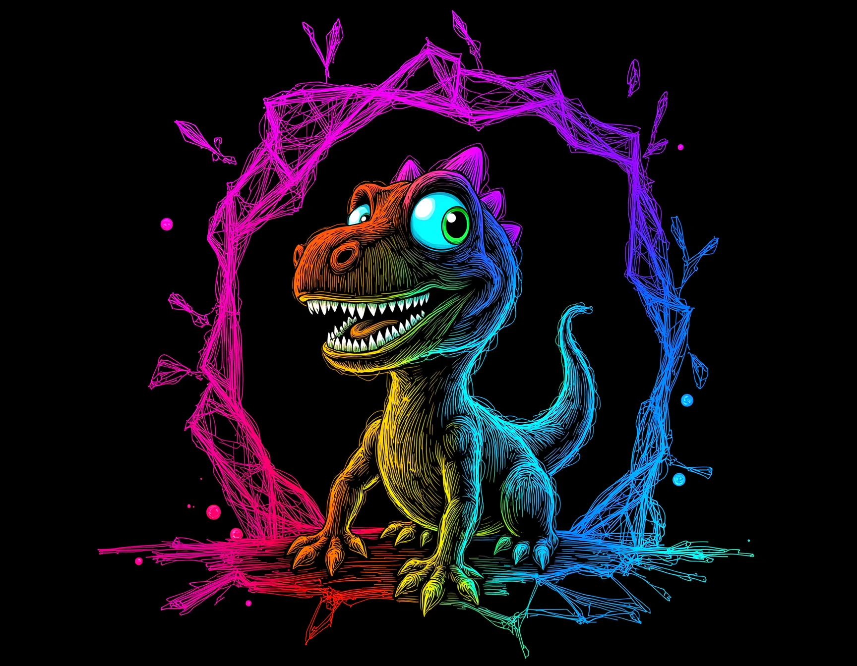 neon line art, drawing, black background,a happy baby dinosaur breaking through a white wall with a hole in it, an adorable and cute expression on its face, with a matte finishing, shot from below,  and a hyper-realistic style.