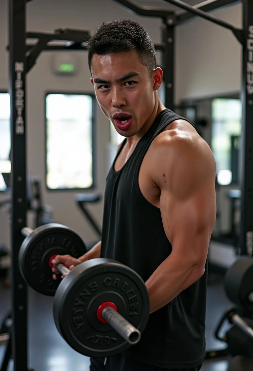 (chengman, 20 yo male, slim athletic), lifting weights in a gym, casual clothes, open mouth, looking at camera, natural light