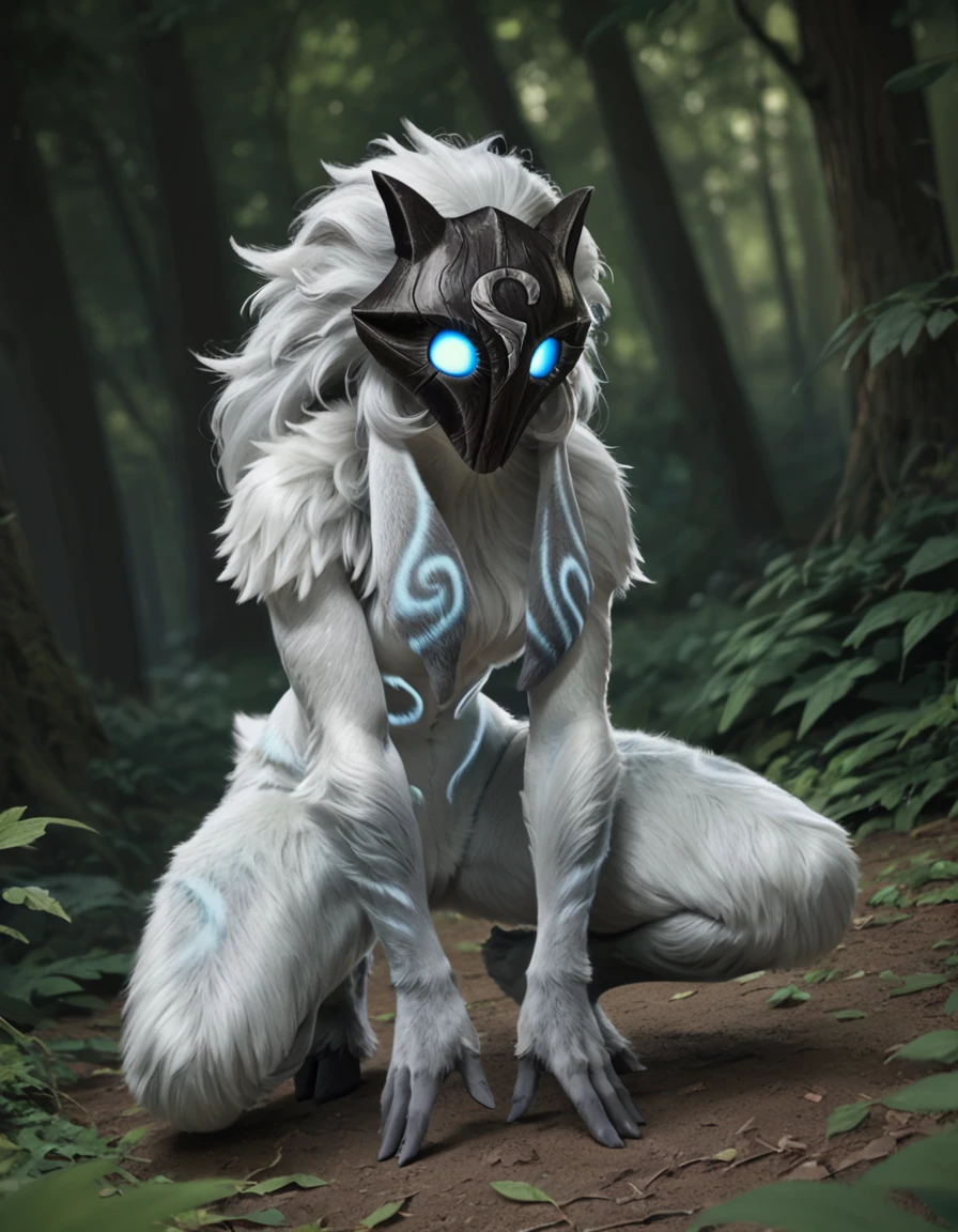 <lora:KindredFLUX:0.8> furry female, kindredlamb, lamb (lol), anthro, sheep, solo, long hair, mask, 1girl, body fur, furry, glowing, glowing eyes, blue eyes, animal ears, white fur, hooves, posing, leaves, forest, photo realism, motion blur, motion, knee on the ground, land on the ground,, source_furry, score_9, score_8_up, score_7_up, score_6_up,