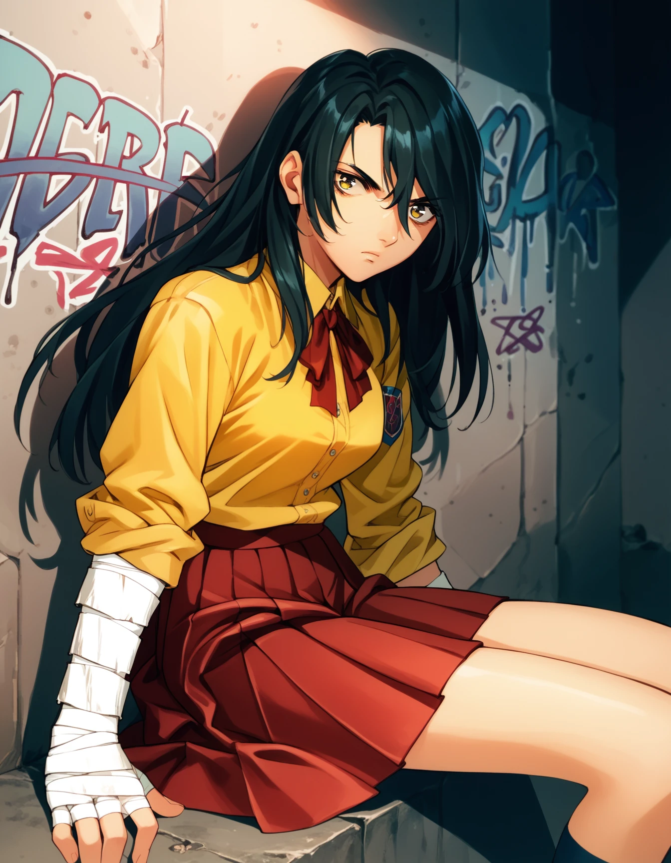 score_9,  score_8_up, score_7_up, <lora:peridot-voice-ponyxl-000022:0.8> suruga, long hair, hand wraps, school uniform, yellow shirt, red ribbon, pleated skirt, red skirt
hand over eye, against wall, sitting, graffiti, serious