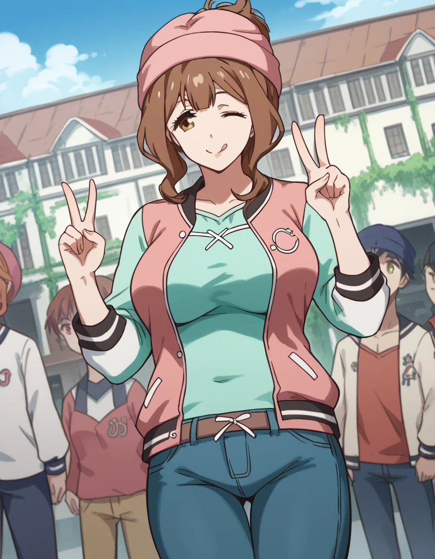 score_9, score_8_up, score_7_up, source_anime, <lora:torino-kazami-s1-ponyxl-lora-nochekaiser:1>, torino kazami, large breasts, brown hair, brown eyes, mature female, folded ponytail, sidelocks,, <lora:letterman-jacket-ponyxl-lora-nochekaiser:1>, letterman jacket, jacket,, outdoors, crowd, people, v, v over eye, one eye closed, tongue out, smile, beanie, pants, open clothes, open jacket, , cowboy shot, dutch angle