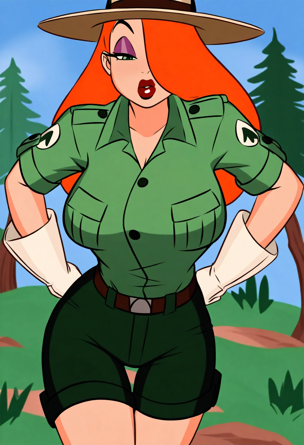 best quality, amazing quality, very aesthetic, absurdres,
1girl, jessicaranger, hair over one eye, orange hair, long hair, green eyes, lipstick, makeup,
hat, green shirt, short sleeves, shorts, belt, white gloves, ranger uniform,
leaning forward, breasts focus,
solo, looking at viewer, blue sky, grass, trees, forest background  <lora:JessicaRabbitIllustriousXL_byKonan:1>