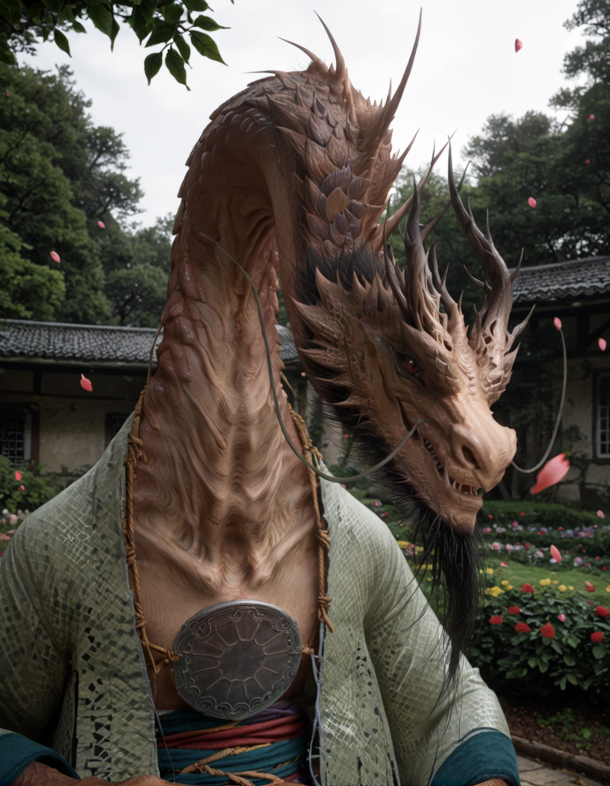 chenloong, eastern dragon, anthro, solo, male, beard, headshot portrait, smile, green pattern robe, red eyes, tree, flower, garden, petals, greeting, blue sky, long neck, cinematic lighting, natural lighting, day,
<lora:BlackMythChenLoong_1.0.4:1>