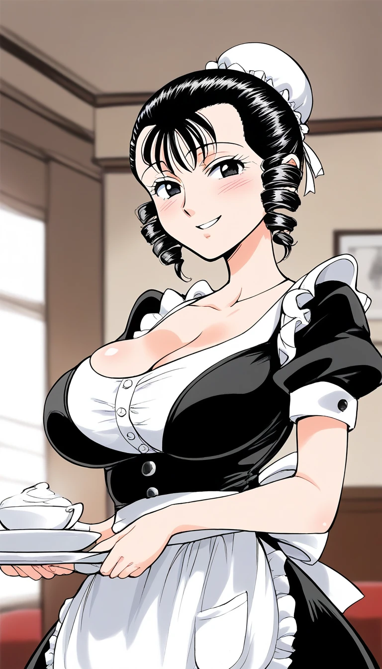 score_9, score_8_up, score_7_up, source_anime, rating_explicit, BREAK  <lora:Miyama_Natsuki_XL:1> Miyama_Natsuki, black hair, black eyes, drill hair, single hair bun, white bun cover, short hair, large breasts,
 1girl, maid, apron, solo, smile, waitress, dress, jewelry, , looking at viewer, blush,
bedroom,