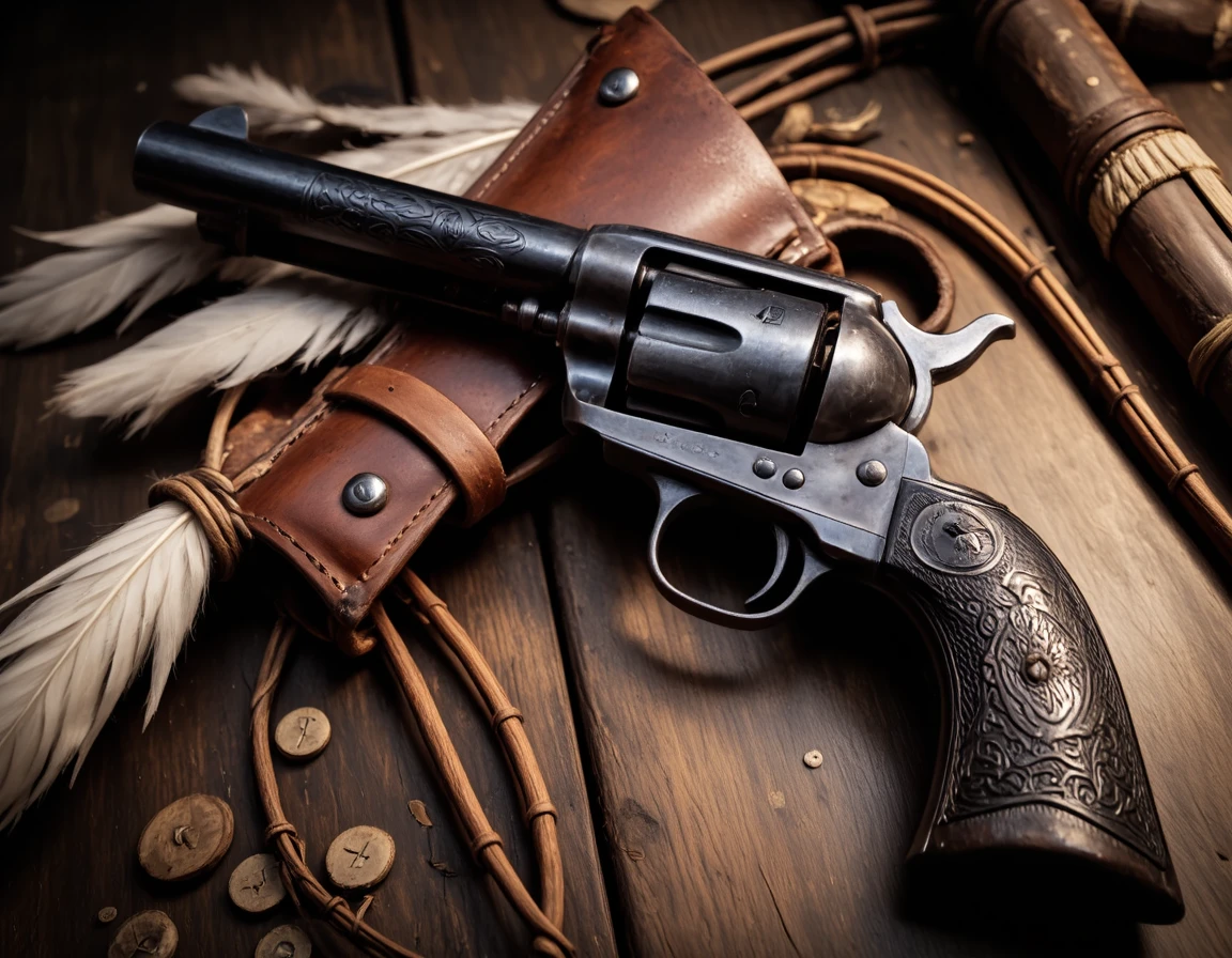 a b4a colt peacemaker revolver, holstered revolver, lies on a Native American feather headdress on an old wild west wooden table, old styled photo, gun-magazine-advertisement style, intricate details, engravings on a black revolver, beautiful wooden handle, <lora:B4A_Wild_West_-_Flux1-000018:1>, shadow casting,