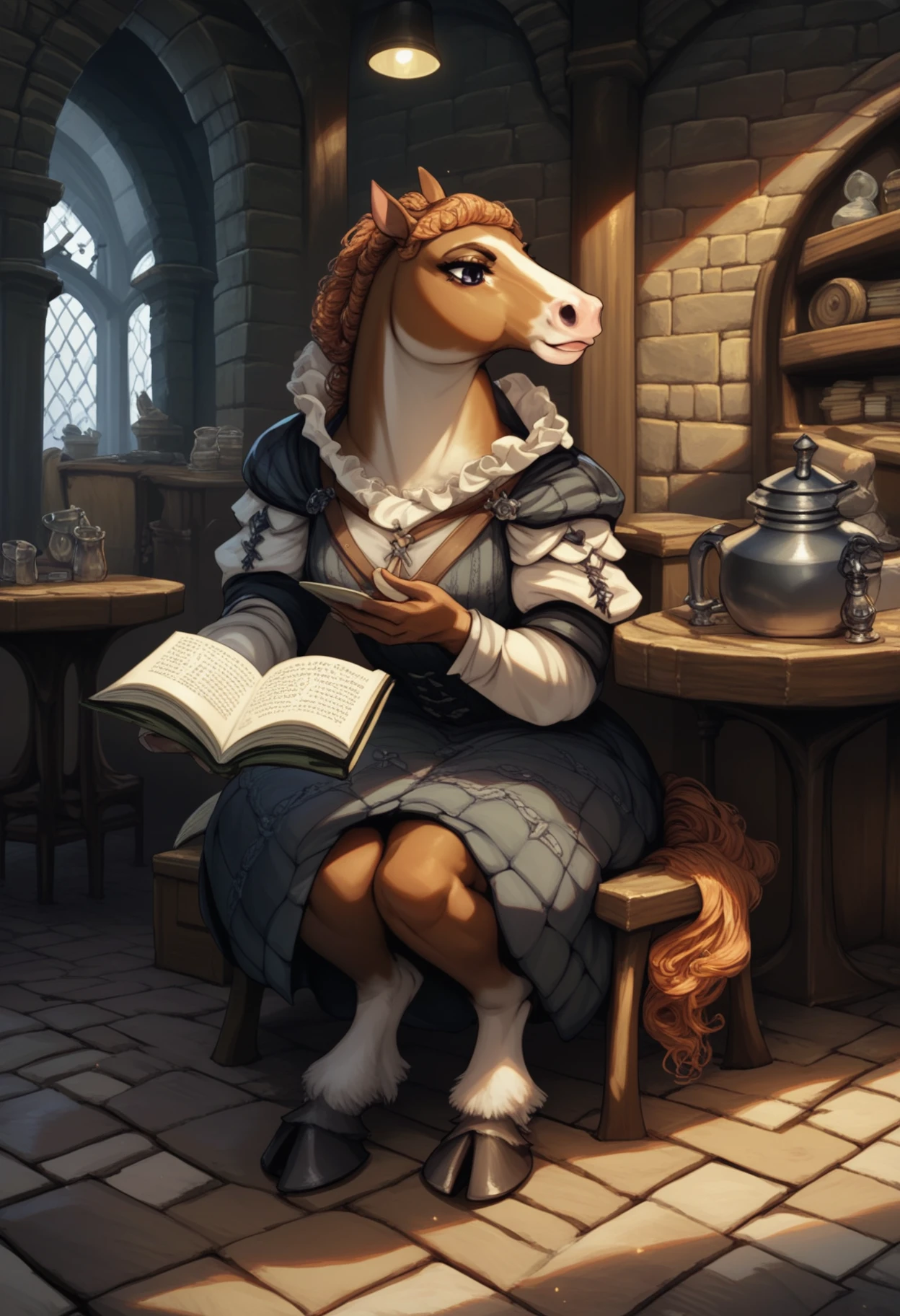 vwstyle, safe_pos, score_9, score_8_up, score_7_up, 1girl, solo, medieval fantasy, female horse, furry, reading a book, tavern, hooves