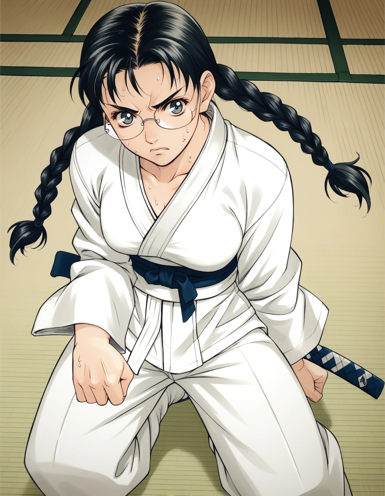 score_9,  score_8_up, score_7_up, <lora:peridot-voice-ponyxl-000022:0.8> a0bak3i, black hair, glasses, twin braids, dougi, karate gi,
1girl, solo, determined, sweat, battle damage, tatami, dojo