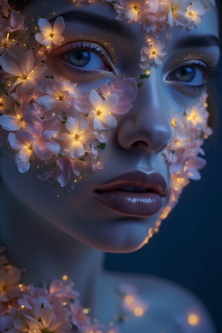 A person’s face is adorned with a stunning array of luminescent flowers that cascade across their skin, blending seamlessly into the contours of their features. The vibrant flowers, illuminated in shades of pink, white, and soft yellow, create an ethereal glow against the cool, dark background. Their lips, painted with a metallic sheen, part slightly, revealing a serene expression. The delicate petals and leaves, detailed with precision, add a surreal, dreamlike quality to the portrait, while the soft, diffused lighting enhances the intricacy of the floral arrangement and the smoothness of the skin.