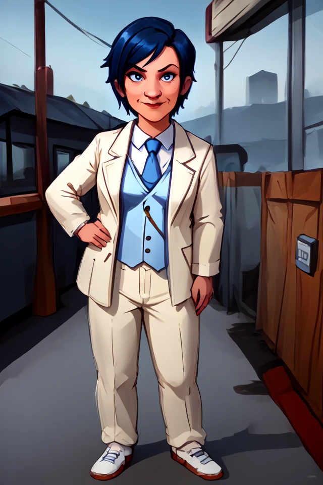 <lora:Gilbert_Dauterive PONY:0.9> gilbert, cream_suit_coat, white_collared_shirt, light blue vest, blue necktie, cream_suit_pants, pocketwatch_chain, mole on cheek, mustache, raised eyebrow, <lora:MooskieToonPDXL - V1:1.15> MooskiePDXL, 1girl, blue hair, blue eyes, solo, large breasts, looking at viewer, smile, short hair,  lips, swept bangs,  white footwear, full body, hand on hip,, source_cartoon, score_9, score_8_up, score_7_up,