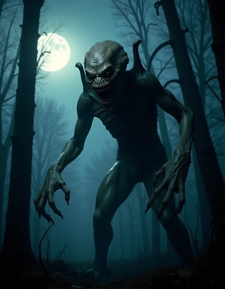 <lora:Pumpkinhead_flux:1>monster in a spooky forest, full moon, creepy horror, profile shot