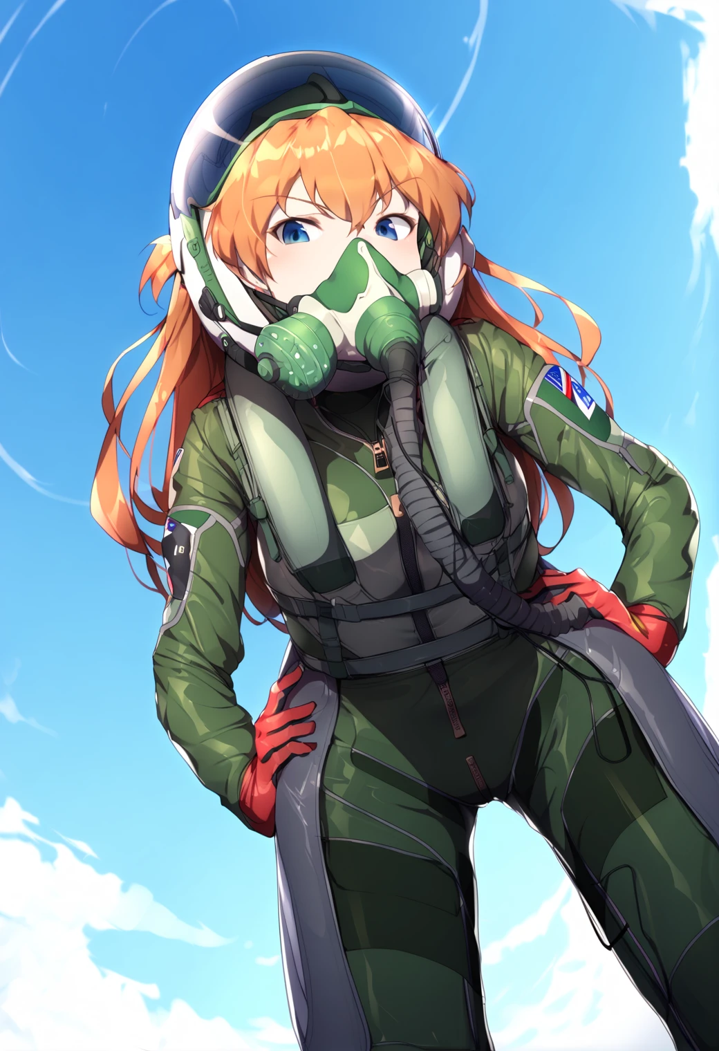 masterpiece,best quality,(by mdf an:0.8),1girl,asuka langley,orange hair,solo,bent over,leaning forward,hands on own hips,zipper,smug,looking at viewer,contrapposto,(g-suit:1.4),tube,hose,(oxygen mask,pilot helmet:1.4),outdoors,tactical clothes,aircraft,airplane,fighter jet,sky,clouds,carrying under arm,green jumpsuit,from below,dutch angle,<lora:g-suit_pony:1.1>