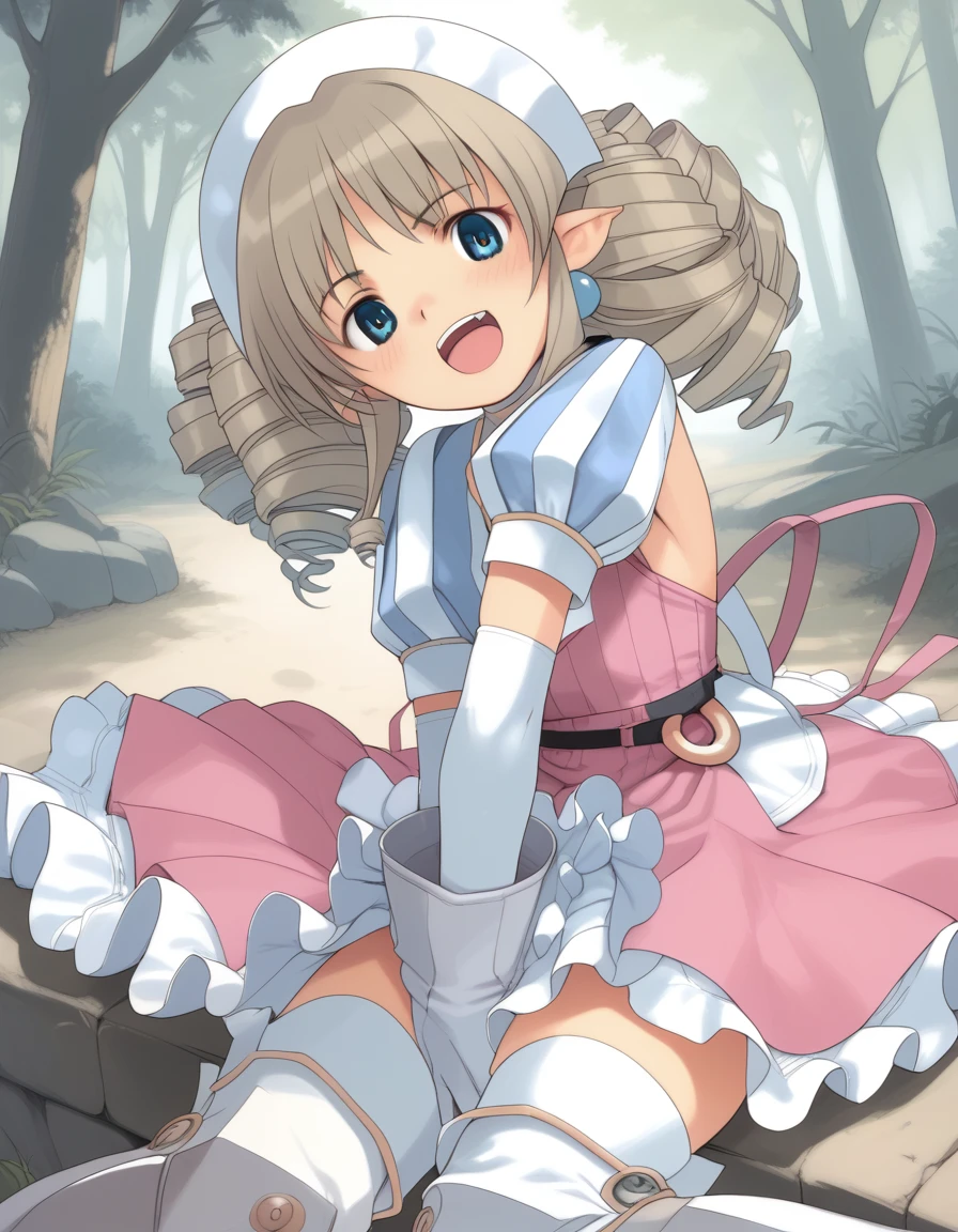 ymir_(queen's_blade), drill hair, blue eyes, pointy ears, brown hair, hairband, flat chest,
blue striped, elbow gloves, pink dress,puffy short sleeves ,frills, thighhighs, zettai ryouiki,greaves, thigh boots,
<lora:ymir_(queen's_blade)_pony_v1-000030:1>
sitting, dynamic pose ,
open mouth, blush,light smile
looking at viewer,(cowboy shot:1.2),
outdoors,forrest, score_9, score_8_up, score_7_up, best quapoty, highres, absurdres, source_anime, zPDXL3, 1girl,solo