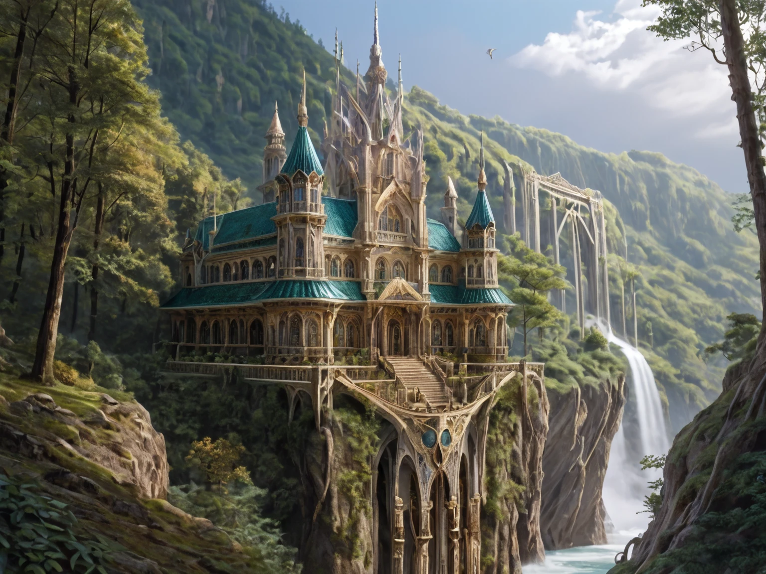 ethereal fantasy concept art of  score_8-up, score_7_up, flying view on a valley, unusual perspective, impressive elven scenery, majestic landscape, massive elven monument, majestic building with perfect architecture, intricate sculptures, full of small houses and palaces temples and foutains  scattered around, precise  lines, perfect contrasts, detailed dark shadows, lossless details highlights, innovative composition  <lora:Elven-Architecture_ponyXL_LOREVER-000002:1> Elvarch, outdoors, in a forest, nature, foliages, highly detailed leafs,  detailed trees, water, ultra detailed ancient city <lora:Artfy-Painterly-Style_pXL_braintacles:0.8> artfy, magnificent, celestial, ethereal, painterly, epic, majestic, magical, fantasy art, cover art, dreamy