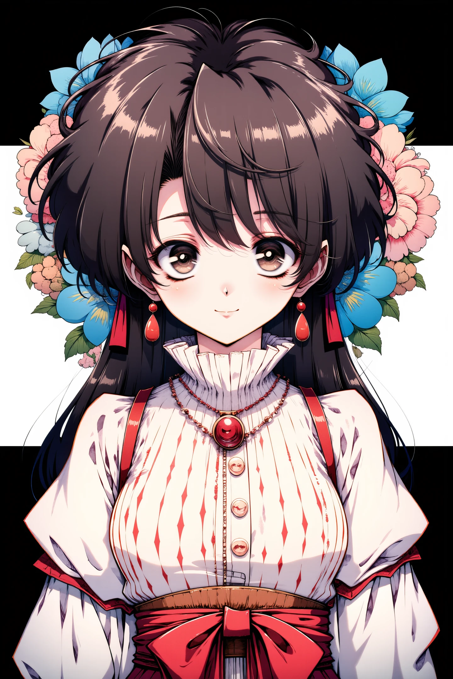 a young girl with large,expressive eyes and a gentle,shy smile. She has long,voluminous dark brown hair with a slight wave,styled in a layered,voluminously fluffy manner. Her hair is adorned with a few small,delicate pink flowers. She wears a high-collared,white blouse with intricate red and white diamond patterns,reminiscent of a traditional kimono. The blouse has a high neck and long sleeves,with red ribbons accentuating the cuffs. Her attire also includes a red sash tied around her waist,adding a touch of color and contrast to the predominantly white outfit. She is accessorized with large red earrings that dangle elegantly,and a small red pendant with a circular design is visible at her chest. The background is minimalist,consisting of a stark black and white split,with large,colorful flowers in shades of blue,pink,and green arranged symmetrically around the girl's head,adding a sense of tranquility and harmony to the composition. The overall mood is serene and nostalgic,with the illustration capturing a sense,
<lora:Old Fashioned Celluloid_FLUX:1>,