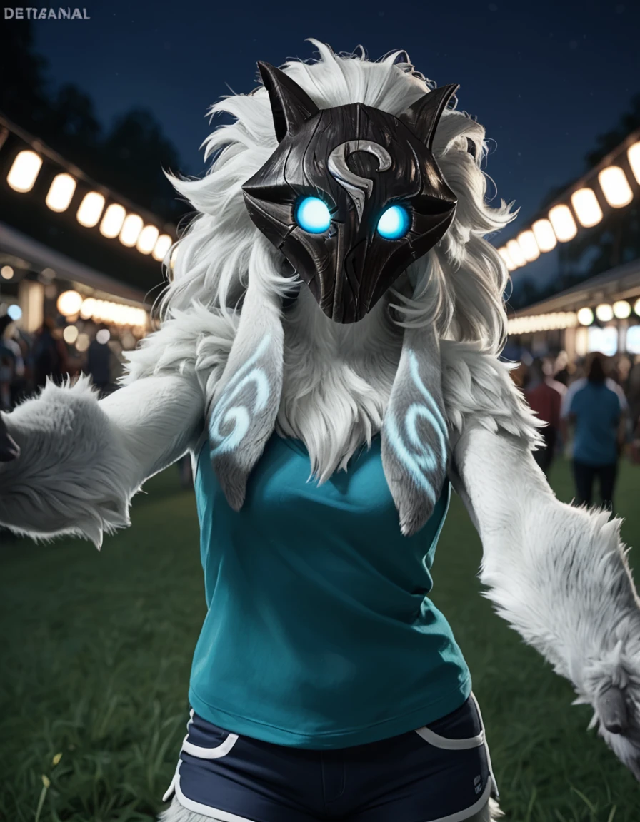 rating_safe, photo realism, selfie, Field of View, bokeh, <lora:KindredFLUX:0.8> furry female, kindredlamb, lamb (lol), anthro, sheep, solo, long hair, mask, 1girl, body fur, furry, glowing, glowing eyes, blue eyes, animal ears, white fur, tail, departamental store, green top, veige shorts, artificial lights, warm lights, clothes, looking on a side, night, crowd, fasion jewerly,), source_furry, score_9, score_8_up, score_7_up, score_6_up,