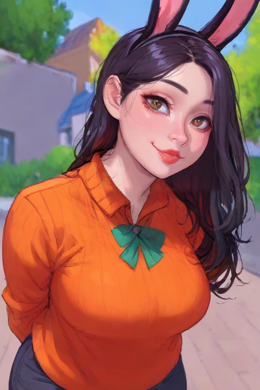 score_9,score_8_up,<lora:Turbo_XL:1>,
<lora:Hana_Bunny-03:1>,solo,hana_bunny,asian woman,brown eyes,makeup,eyeshadow,lips,black hair,long hair,light smile,pale skin,
upper body,outdoors,sweater over shirt,collared shirt,green shirt,POV,v-neck sweater,orange sweater,pose,arms behind back,tilted head on the side,leaning forward,rabbit ears,
<lora:Lunas-Krekkov-SDXL-A1:1>,