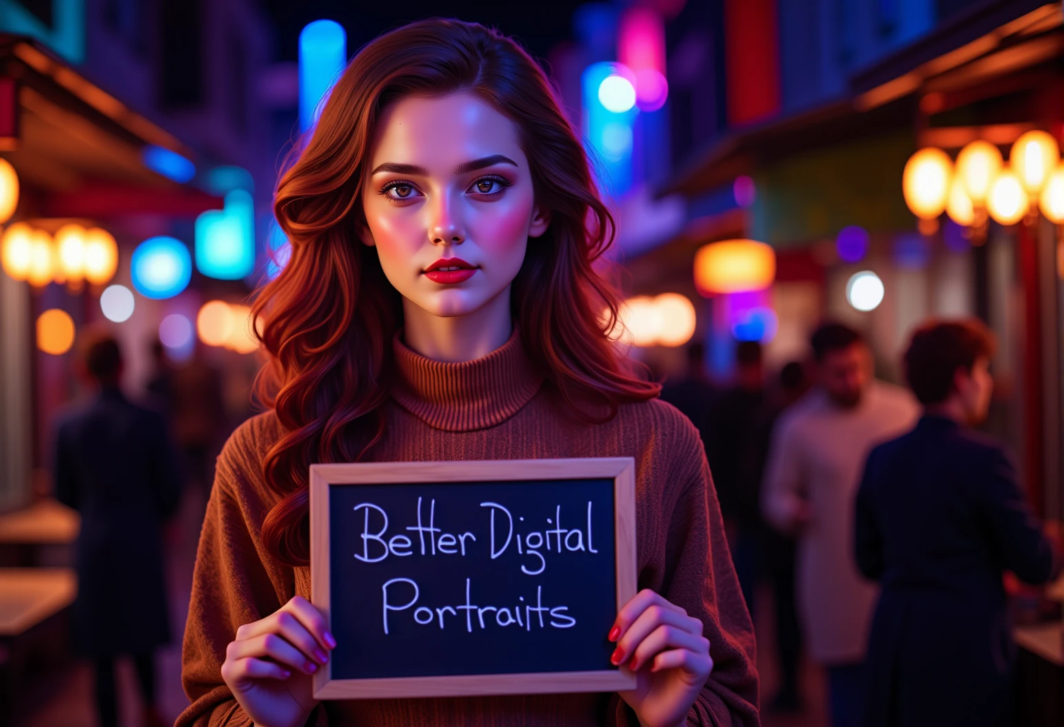 bv-betdigpor. A young woman with vibrant expressions at a neon-lit street during a night market. The scene is illuminated by glittering lanterns. The young woman is holding or displaying a clear sign that reads "Better Digital Portraits", in a chalkboard. The image has a "Better Digital Portraits" aesthetic, focusing on flawless skin, vibrant colors, and deep contrasts. , <lora:bv-better-digital-portrait.safetensors:1.0:1.0>