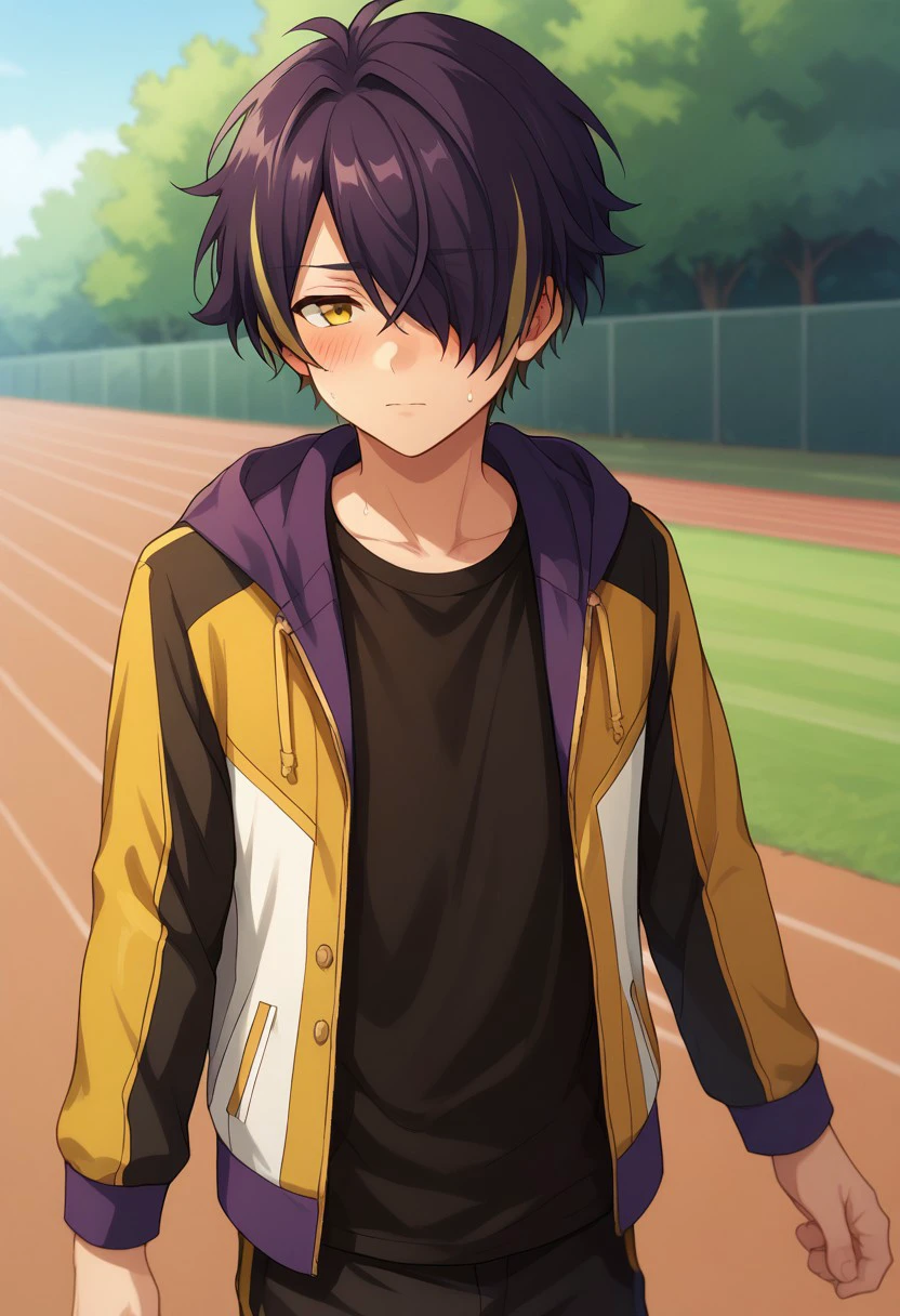 score_9, score_8_up, score_7_up, source_anime, highly detailed, 
shinobu, 1boy, male focus, solo, streaked hair, multicolored hair, purple hair, black hair, blonde hair, hair over one eye, yellow eyes, shirt, black shirt, jacket, hood, hooded jacket, track jacket, track suit, yellow jacket, black jacket, multicolored jacket, open jacket, open clothes, tired, sweat, blush, 
outdoor,