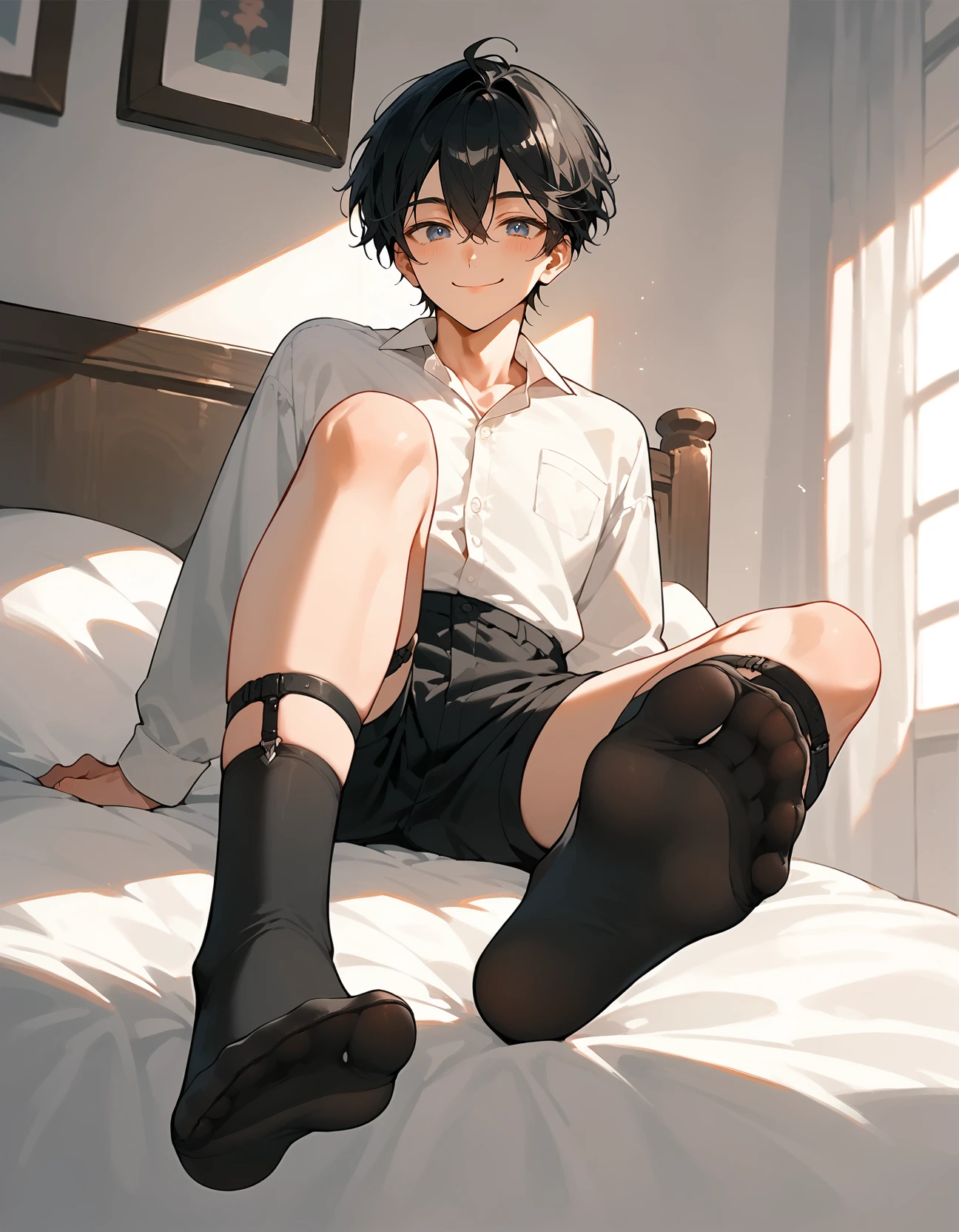 <lora:AFAE:1> (full body:1.4)
score_8_up, score_7_up, score_6_up, source_anime, 1boy, solo, bedroom, on bed, foot focus, from below
smile, bishounen, black hair, hair between eyes,
legwear garter , black socks, <lora:legweargarter:1>
black shorts, white shirt, collared shirt