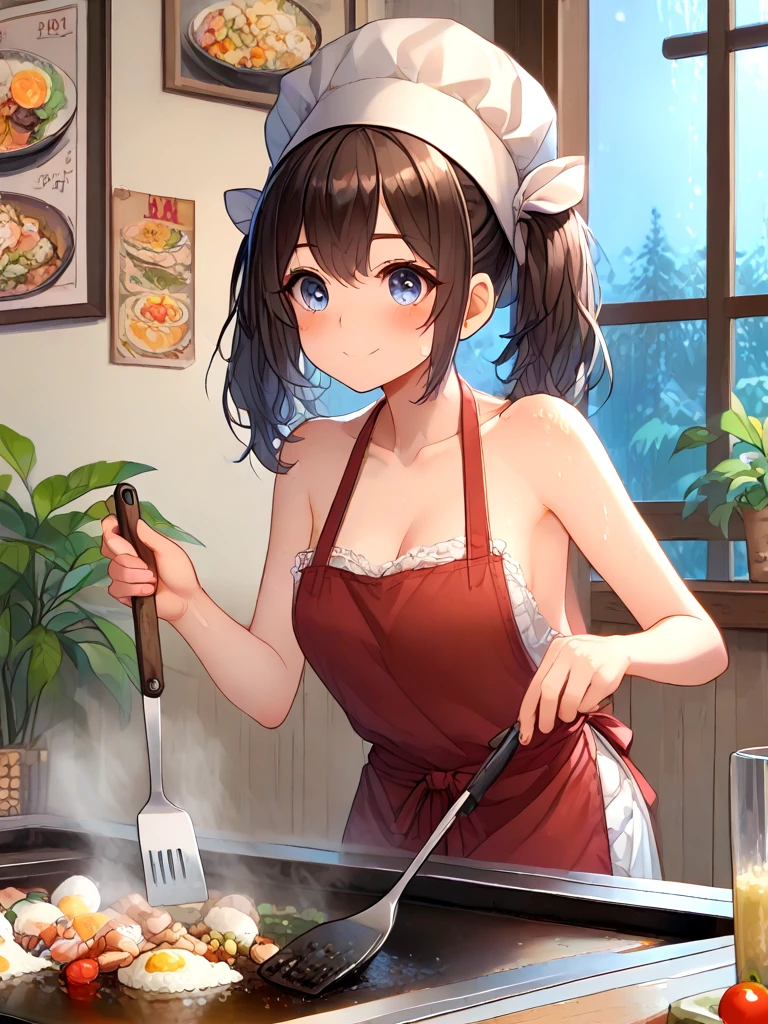 ((score_9, source_anime)), (((2girls, 1girl, a woman))), ((teppanyaki grilling)), food on teppan, restaurant, leaning forward, cooking, holding spatula, sideboob, cleavage, sweat, nude apron, naked apron, camisole, sleeveless dress, twintails, potted plant, night, full body, sitting, eating, <lora:girlliketeppanyakigrilling_pony:1>