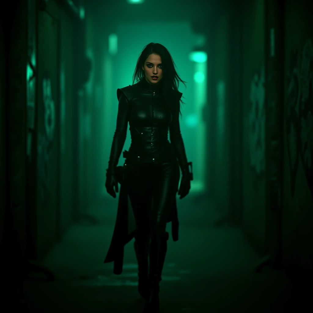 In the depths of a dystopian, post-apocalyptic night, a futuristic woman, clothed in a black, tattered dress draped over worn half leather armor and leather armor pants, walks down a cyberpunk street. Bathed in the soft, atmospheric lighting of the eerily glowing green aura that surrounds her, she fixes her creepy smile and piercing gaze upon the viewer. The dramatic, somber mood of the scene is accentuated by the crumbling, graffiti-covered walls that flank the street, reflecting a world both gothic and science fiction-inspired. The woman's attire and demeanor epitomize the fusion of fantasy and reality, hinting at the secrets and stories hidden beneath the surface of this harsh, unforgiving landscape. Her very presence is a testament to the resilience and adaptability of humanity, even in a world plagued by uncertainty and strife. All of this is brought to life with the breathtaking style of Guweiz, capturing the essence of a world that is equal parts haunting and mesmerizing.  <lora:flux_trainer/postApocalypse_v1_rank64_bf16:0.8>, <lora:flux/Sinfully_Stylish_.02_for_FLUX-000002>, <lora:flux/aidmaImageUpgrader-FLUX-V0.1>, detailmaximizer, <lora:flux/perfection style v1>, perfection style,