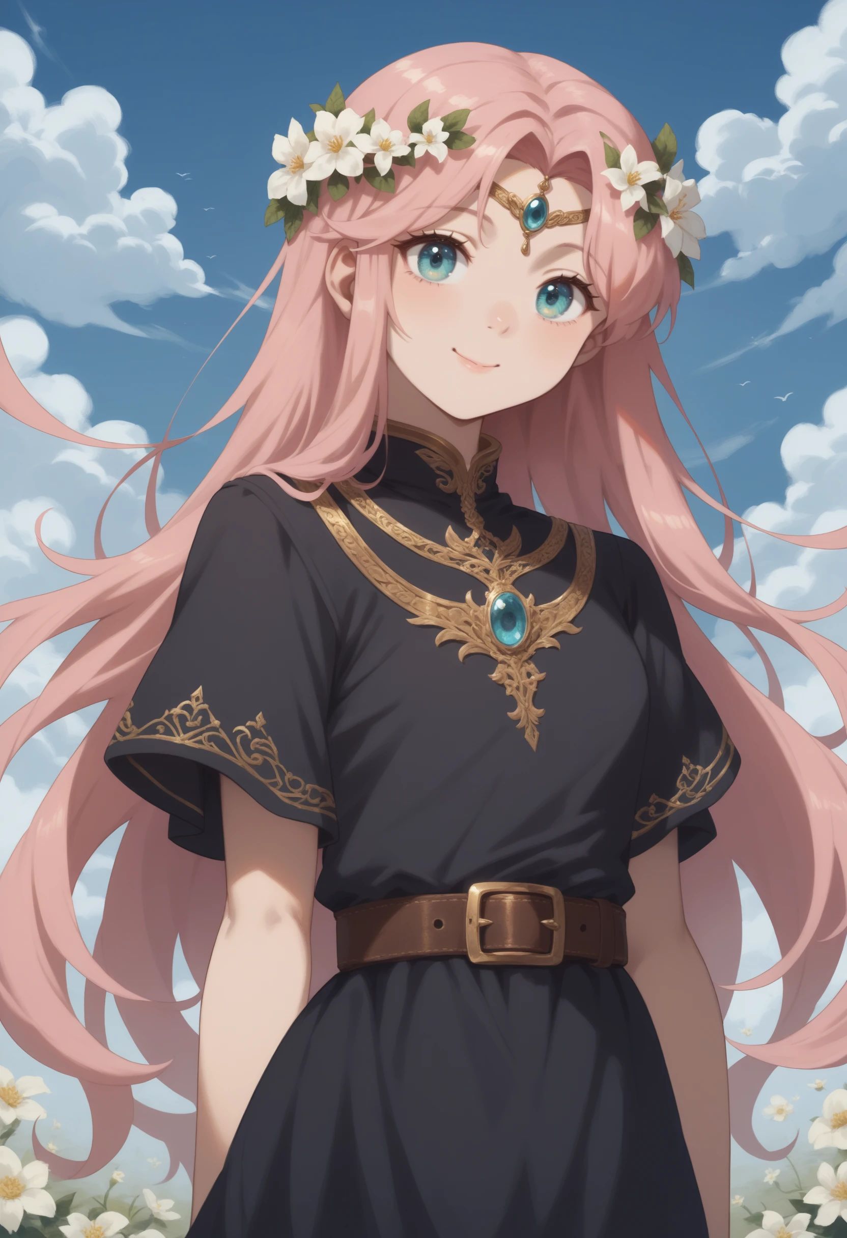 score_9, score_8_up, score_7_up, score_6_up, score_5_up, score_4_up, 1girl, very long pink hair, cyan eyes, upper body, detailed, flower circlet, (clouds:1.1), yellow under shirt, white carpet, long black dress, belt, smile