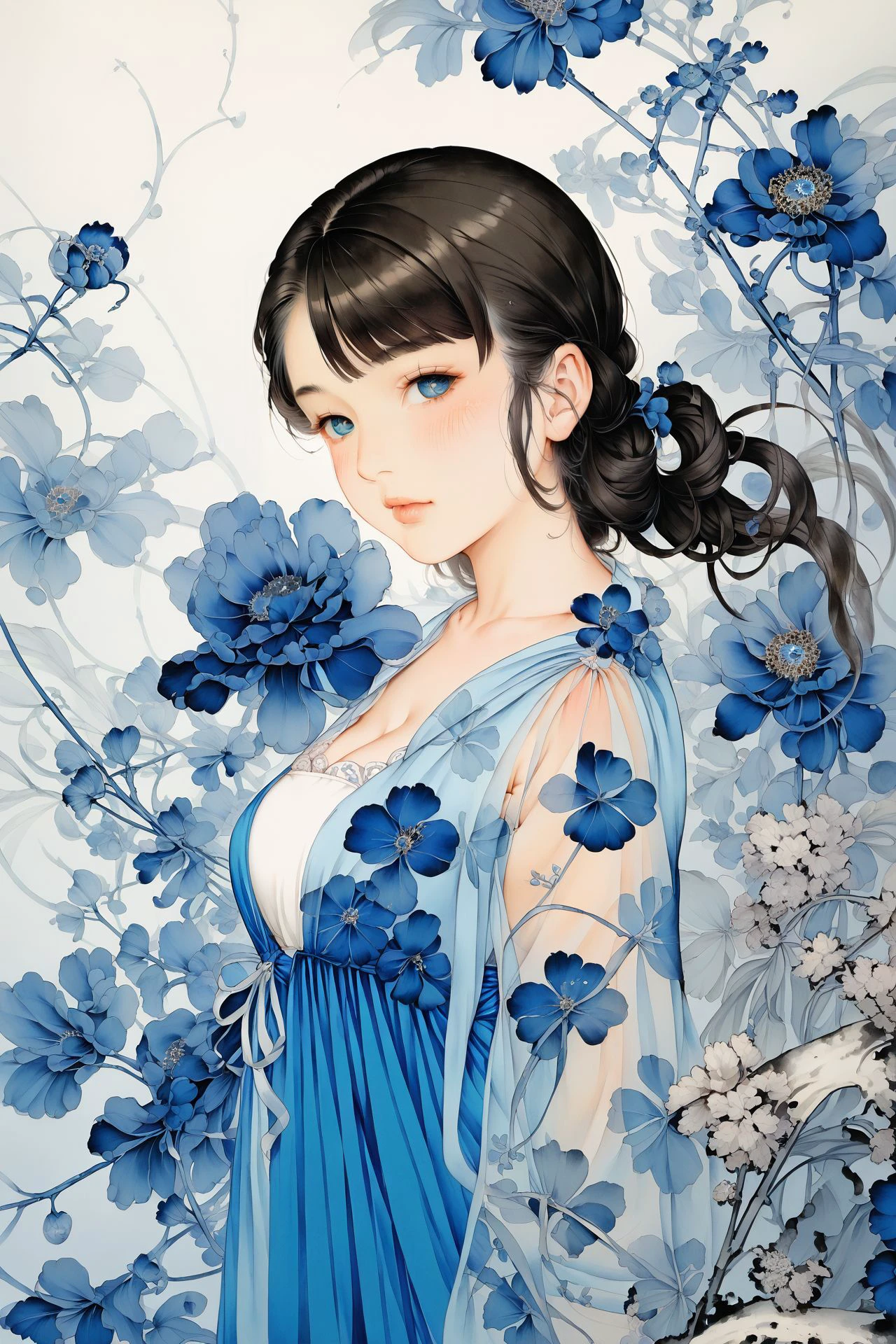 score_7_up, 1girl, solo, blush, looking to the side, Sapphire eyes, side-swept_bangs, dark_grey hair, medium breasts, floral_background,  <lora:gongbi_PonyXL_style_v01.10.10.02:1>