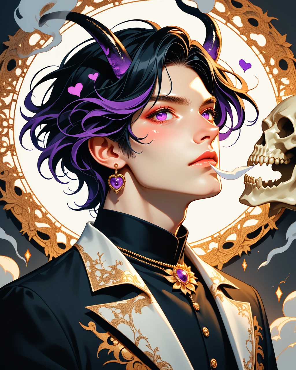 score_9, score_8_up, score_7_up, 1boy, male, demon horn, big skull, brutal face, smoke effect, short hair, black colored hair, hearts, purple eyes,  <lora:neonifm:1> neonifm, sharp, high-definition detailin, color palette, art nouveau influence, baroque-inspired elegance, modern digital Illustration, pop surrealism, glamour, fashion Illustration, glow effect on skin, soft focus around